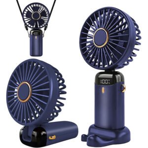 Jsdoin Hand Held Fan,Portable Handheld USB Rechargeable Fans with 5 Speeds,Battery Operated Mini Fan Foldable Desk Desktop Fans with LED Display for Home Office Bedroom Outdoor Travel (DarkBlue)