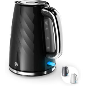 Swan Windsor Rapid Boil Kettle with Removable Limescale Filter, Boil Dry Protection and Hidden Cord Storage, 1.7L, 3KW, Black, SK14611BLK