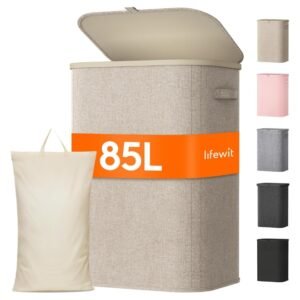 Lifewit 85L Laundry Basket with Lid, Foldable, Handles & Bag, Beige