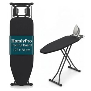Folding Ironing Board, 122 x 38cm, Black, Adjustable Height (78–91cm), Silicone Iron Rest, Anti-Skid Feet, Safety Lock, Durable Large Iron Board